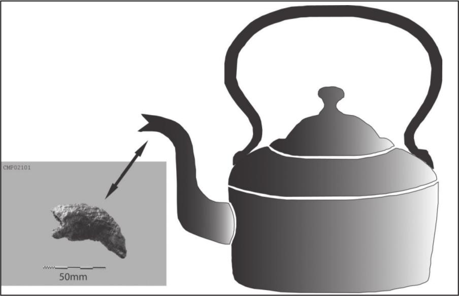 An illustration of a kettle with a black and white photograph of the tip of kettle's spout.