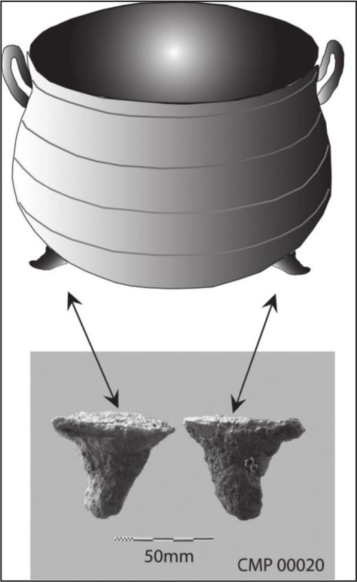 An illustration of a round, open pot with stumpy feet. A black and white photograph is pictured below the illustration showing two iron feet.