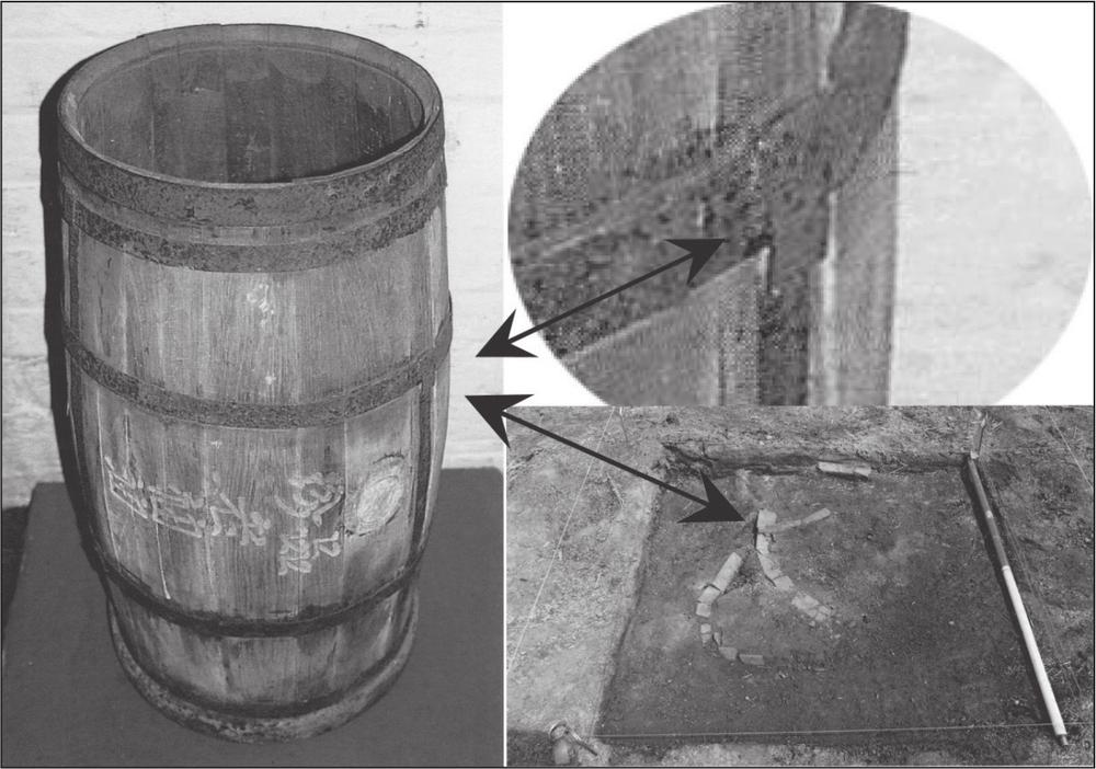 A black and white photograph of a Chinese timber cask with four rings spaced along it. Another photo shows the place it was found; a square outline with a collection of objects lying inside it.