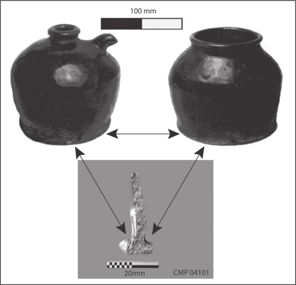 A black and white photograph of two jars with wide mouths. One has a small spot. 