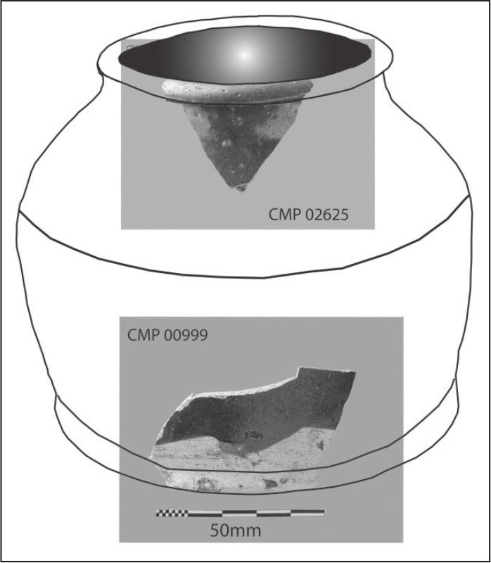 A drawing of a wide-mouthed jar with two pieces of shards fitted to the mouth and base.