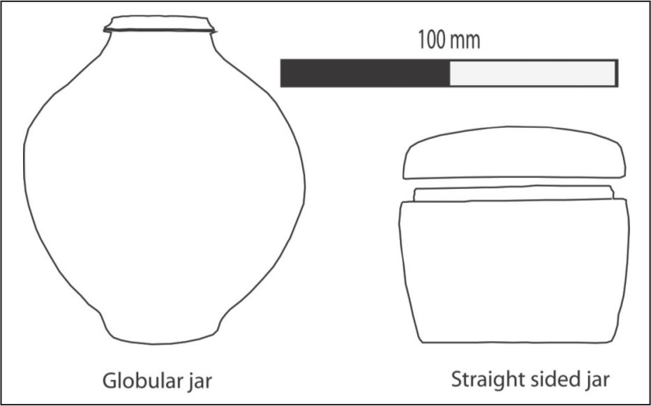 A drawing of a round jar with a small mouth beside a rectangular jar with a lid.