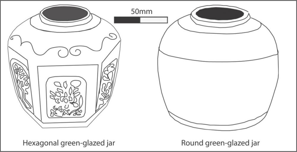 An illustration of two jars, the first has hexagonal faces with floral decorations and a small circular mouth. The other has a plain round shape.