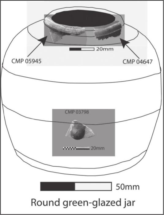A drawing of a round jar with photographs of shards applied to the mouth and middle.