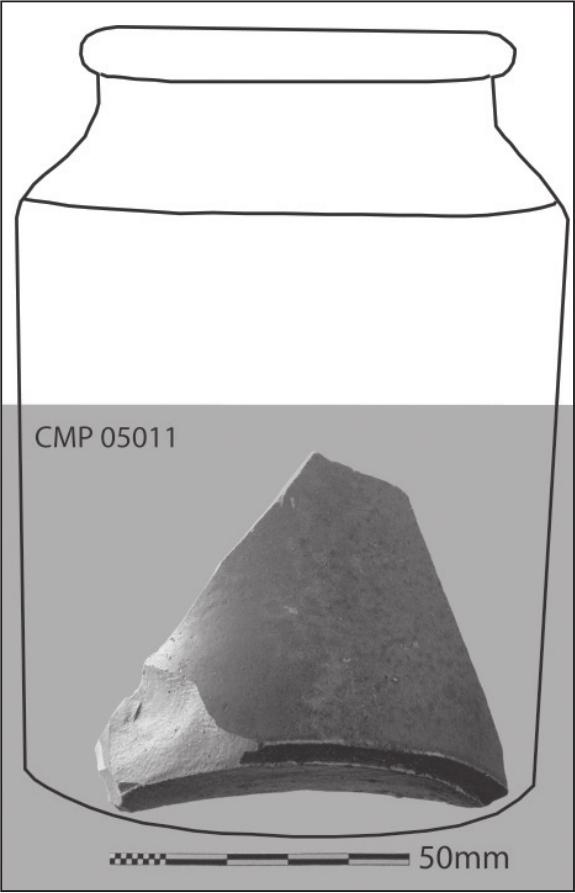 A drawing of a rectangular jar with a photograph of a shard applied to the base.
