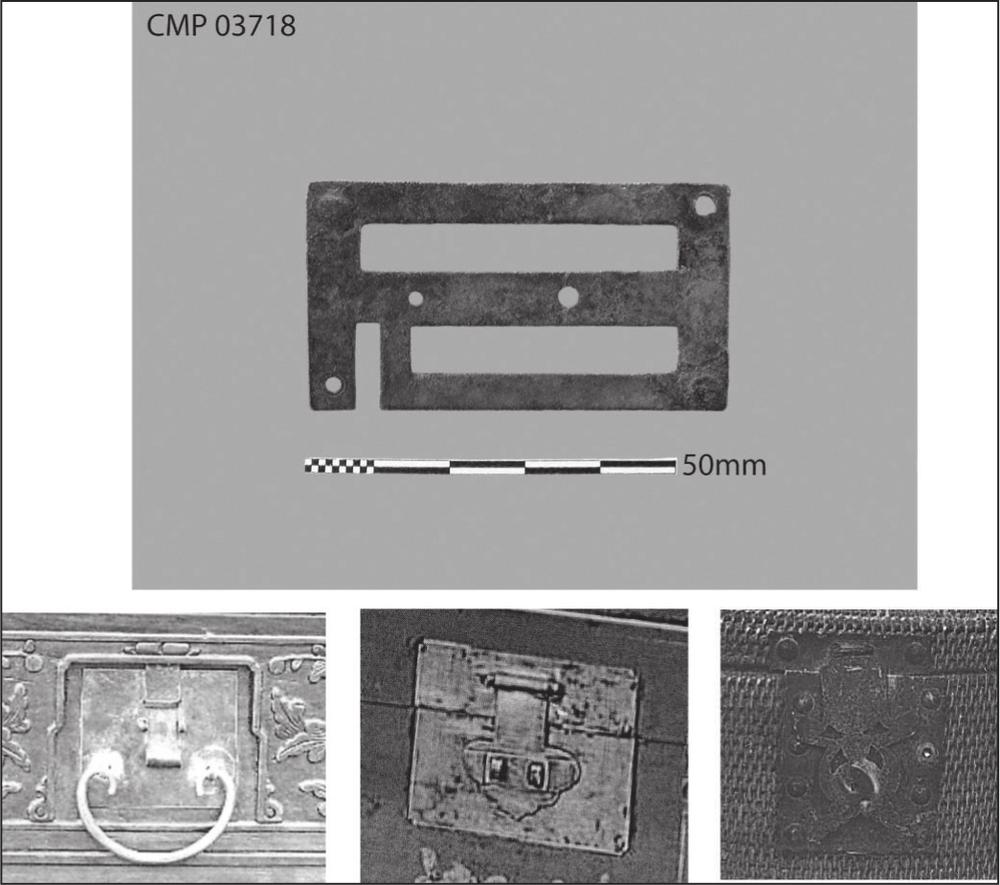A black and white photograph of three storage-box hasps with floral and circular decorations. Above them is a plain rectangular box clasp.