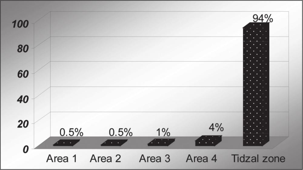 A bar graph showing the distribution of bottle glass in the area. The tidzal zone has the most with 94% followed by arae 4 (4%), area 3 (1%), area 1 and 2 (0.5% each).
