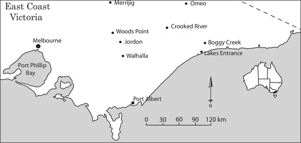 A map of the East Coast of Victoria showing Melbourne, Port Albert, Lakes Entrance, Boggy Creek, Walhalla, Jordon, Woods Point, Marrijig, Crooked River and Omeo.