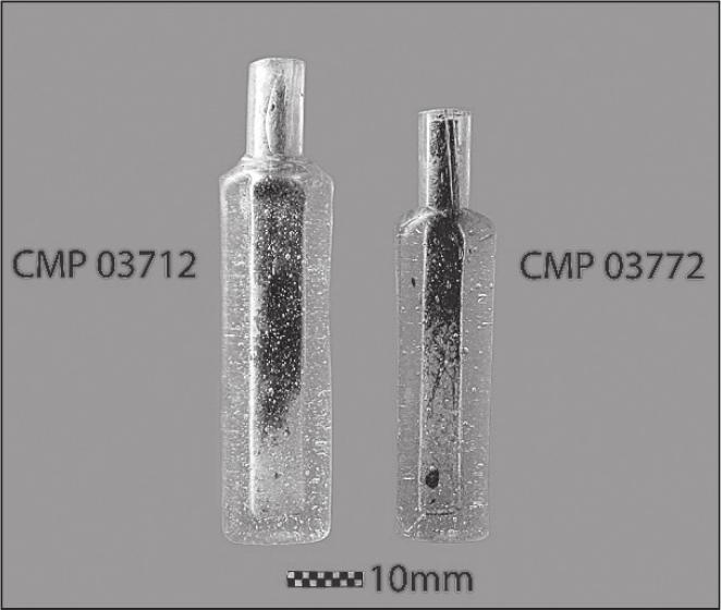 A black and white photograph of two long, rectangular vials.