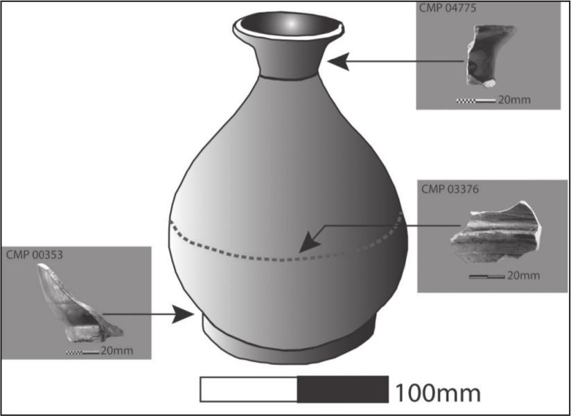 A black and white illustrate of a teardrop-shaped bottle with three shards at the base of the mouth, the base and the midsection of the bottle.