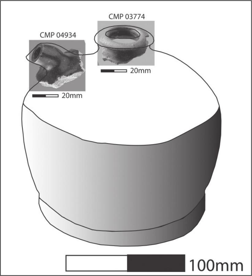 A drawing of a jar with a small spout and mouth. A shard is attached to the mouth and jar.