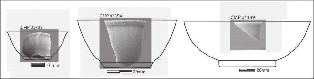 A drawing of three bowls with a shard attached to each one. 