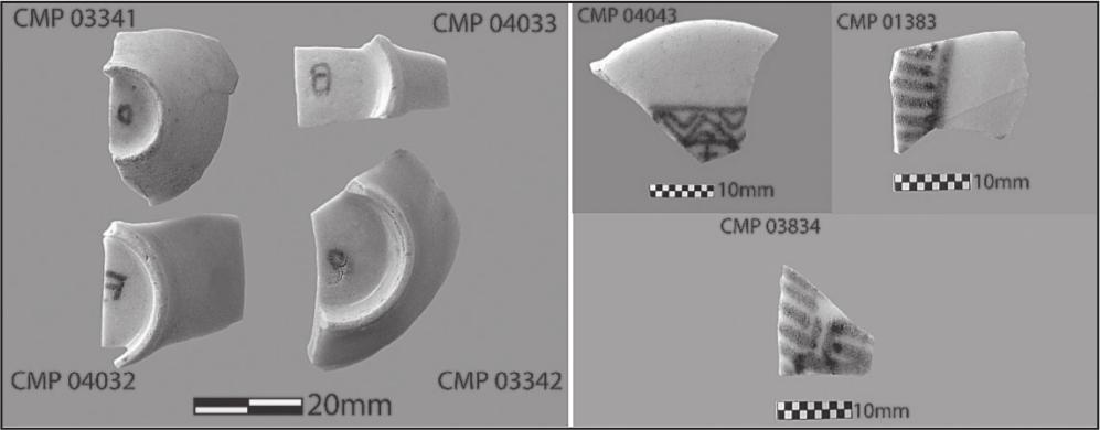 A black and white photograph of bowl shards. The collection on the left have single or double circle designs and the shards on the right have striped and wavy designs.