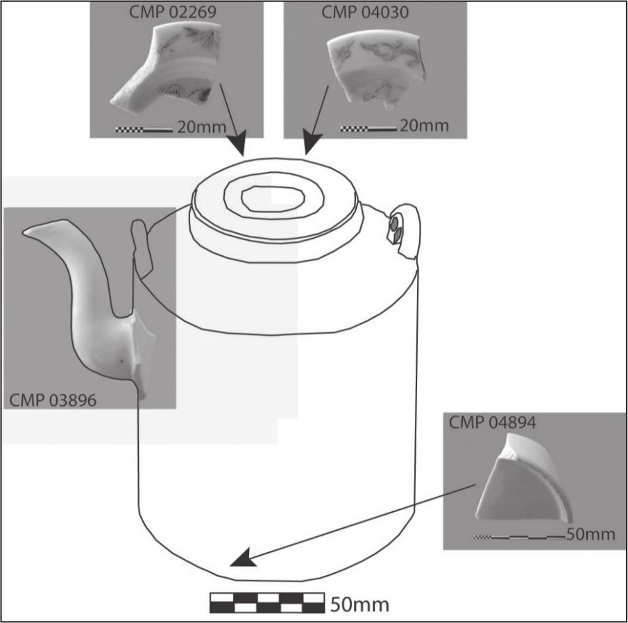 An illustration of a barrel-shaped Chinese teapot with long spout. Shards are attached to the circular lid, the spout and base.