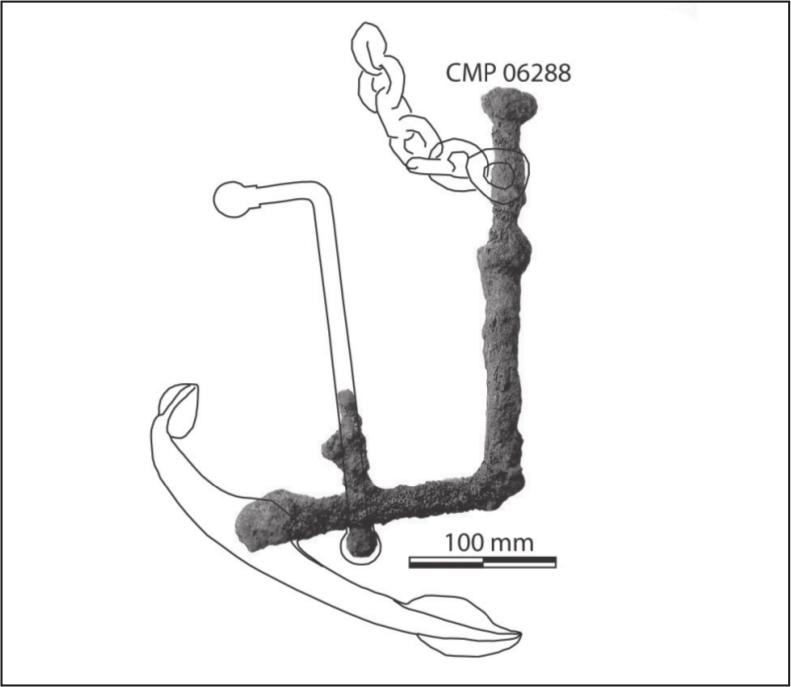 A drawing of a bent anchor with a rusted shard attached to the handle.