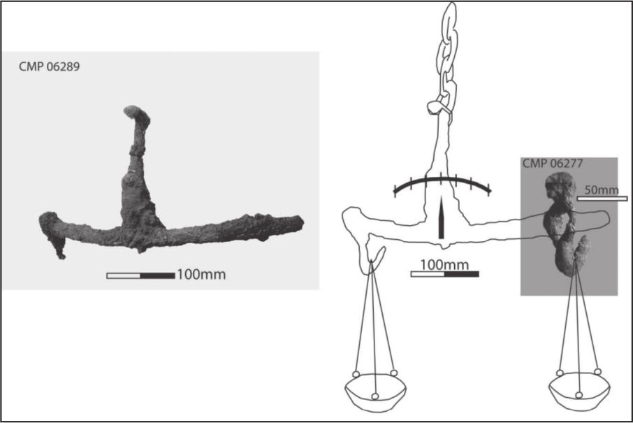 A drawing of a scale with an artefact of a balance hook.