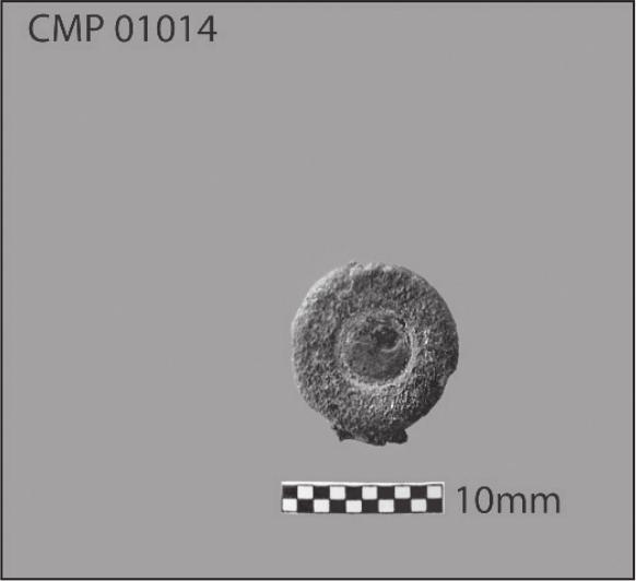 A black and white photograph of a circular bullet cartridge.