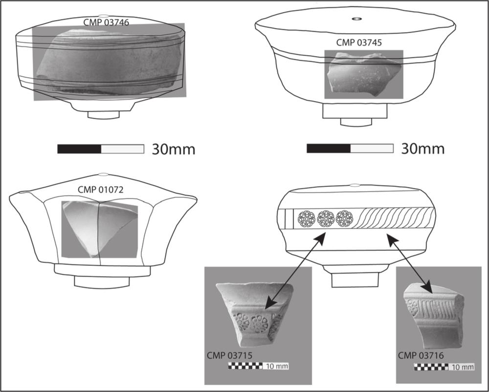 A drawing of four smoking bowls. The first is round with a shard matching the middle, the second is bell-shaped with a small shard attached to the middle and the third has indents like a pie with a small shard. The fourth bowl has floral shapes and stripes around it.