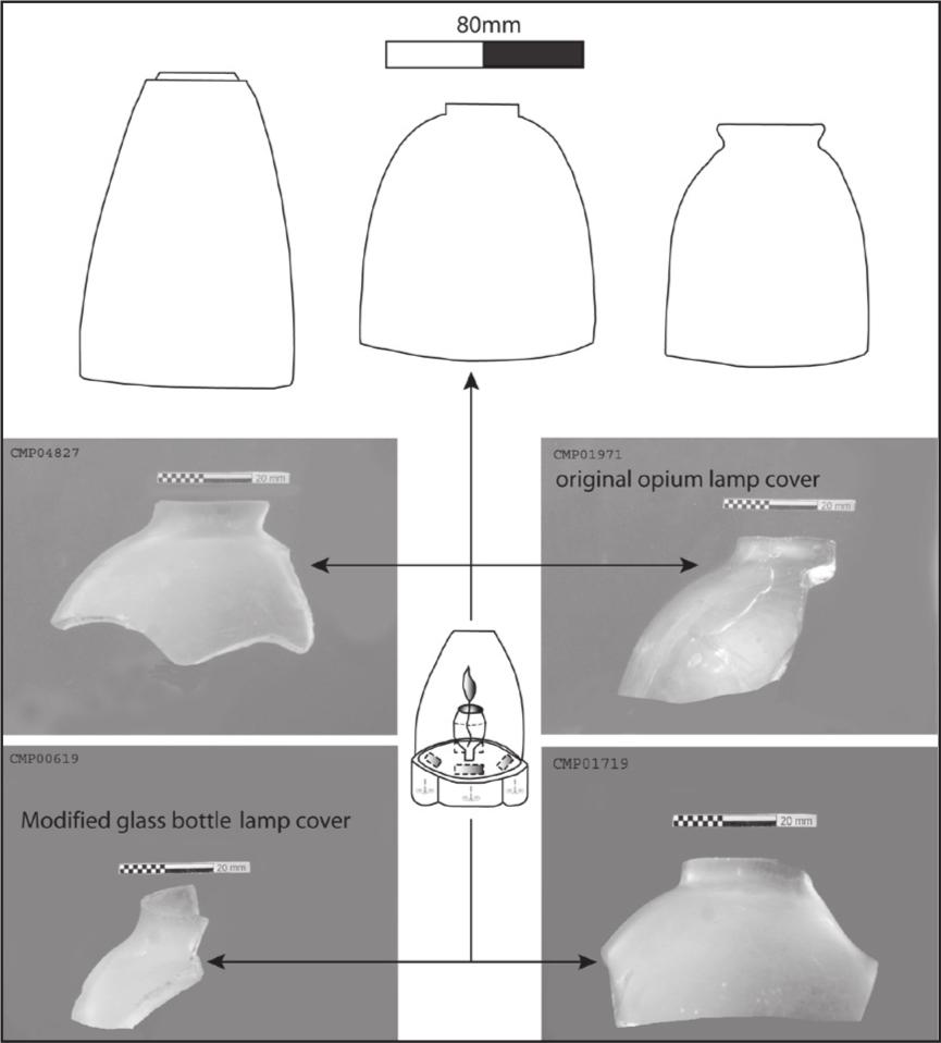 A drawing of three lamps that have a parabolic shape. Below are four black and white photograph with small shards that make up a part of a lamp.