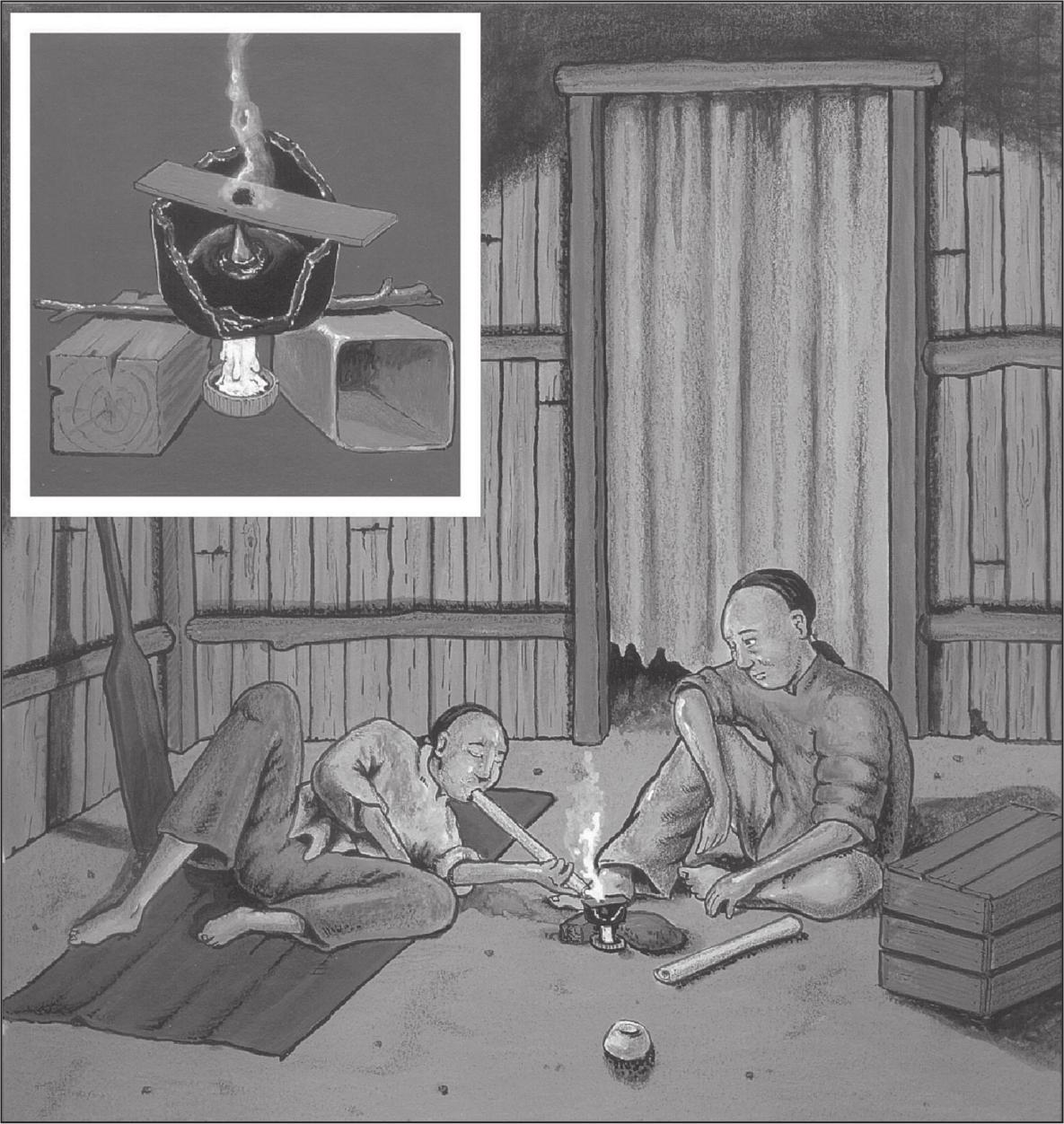 A black and white illustration of two men sitting inside a home. They are sitting around a candle burning opium through the base of a broken bottle. One man is lying on his side and has a pipe in his mouth directed at the candle.