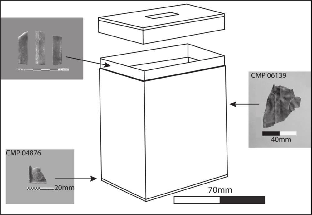 A drawing of a rectangular container with shards of strips from the base, rim and side.