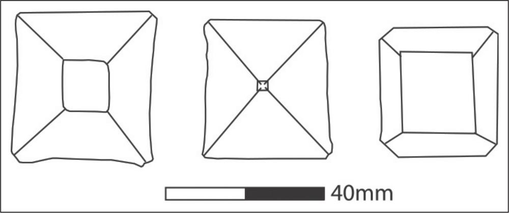 A drawing of three opium cans, shaped into squares with a concentric square in the centre.