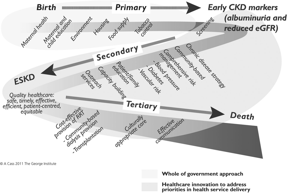 A arrow diagram showing the life course approach to CKD prevention and management. To the top left is 'Birth' with a primary arrow pointing to 'Early CKD markers', along this arrow are - maternal health, maternal and child education, environment, housing, food supply, tobacco control, screening. From the 'Early CKD markers' there is a secondary arrow pointing to 'ESKD'. Along this arrow is chronic disease strategy, community-based, comprehensive risk management, blood pressure, diabetes, vascular risk, patient/family education, capacity building, outreach service. At ESKD is quality healthcare: safe, timely, effective, efficient, patient-centred equitable. From here there is a tertiary arrow that points to 'Death'. Along this arrow is cost-effective provision of RRT, community-based dialysis provision, transplantation, culturally appropriate care, effective communication.