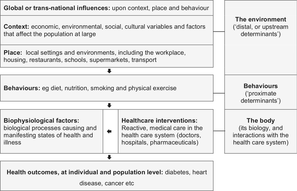 A table showing the determinants of health and disease. Including the context being economic, environment, social, cultural variables and factors and place, being local settings and environments, including the workplace, housing, restaurants, schools, supermarkets and transport. Then there is an arrow pointing to behaviours, for example diet, nutrition, smoking and exercise. Then there is an arrow pointing to biophysiological factors and healthcare interventions. Then there is an arrow pointing to health outcomes including diabetes, heart disease, cancer etc.