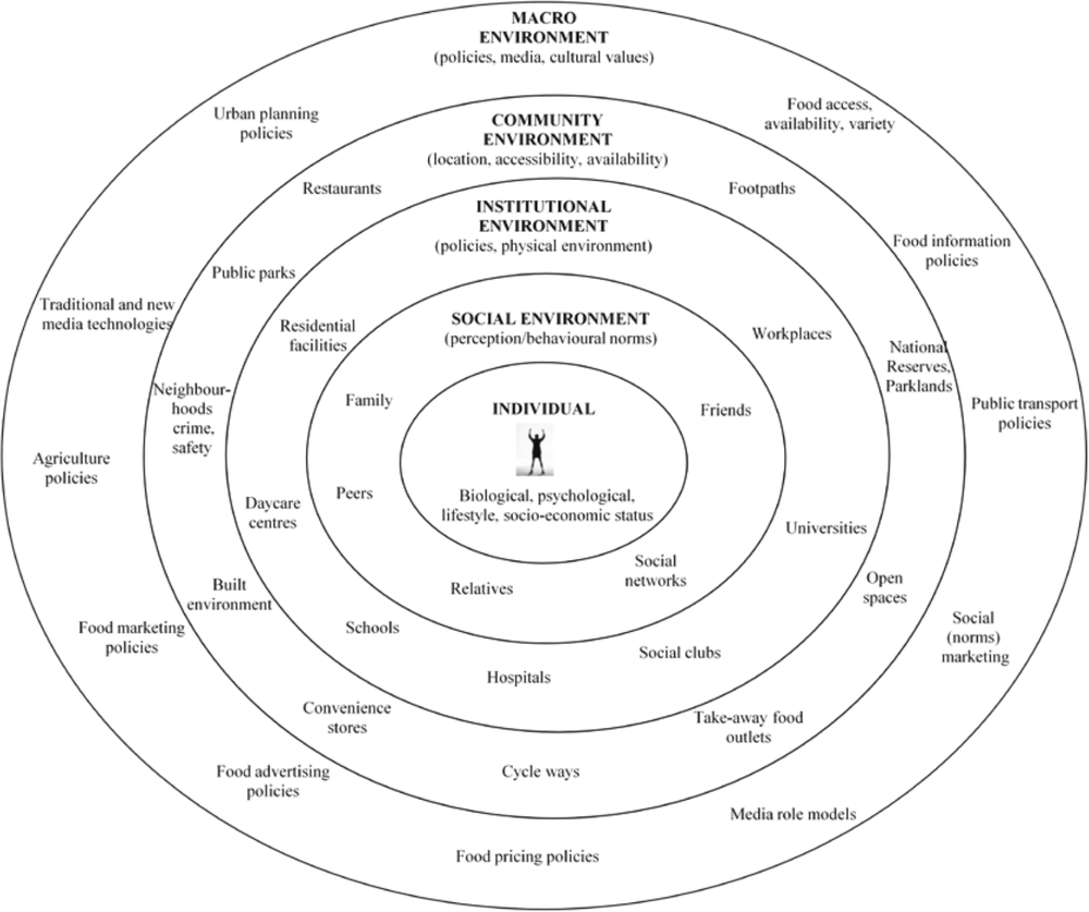 There is a multi circle diagram showing the socio-ecological perspective for obesity and diabetes prevention across societal levels. The individual is in the middle circle with the words biological, psychological, lifestyle, socio-economic status. The next wide circle is social environment with the words friends, social networks, relatives, peers, family. The next circle is institutional environment with the words workplaces, universities, social clubs, hospitals, schools, daycare centres, residential facilites. The next circle is community environment with the words footpaths, national reserves and parklands, open spaces, take-away food outlets, cycle ways, convenience stores, built environment, neighbourhoods, public parks, restaurants. The widest circle is macro environment with the words food access availability and variety, food information policies, public transport policies, social norms marketing, media role models, food pricing policies, food advertising policies, food marketing policies, agriculture policies, traditional and new media technologies, urban planning policies.